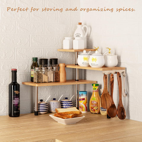 CARLA HOME 3 Tier Corner Shelf Kitchen Spice Rack Organiser with Hooks for Home Storage & Organisation