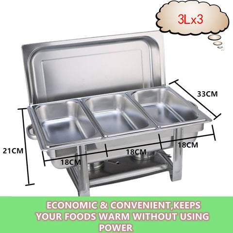 9L Chafing Dish Set Buffet Pan Bain Marie Bow Stainless Steel Food Warmer (3x3L)