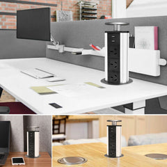 Pop Up Power Point 3 Socket Plug + 2 USB Table Home Kitchen Desk Outlet