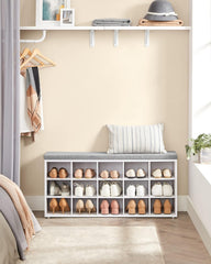 VASAGLE Storage Shoe Bench 15 Compartments with Cushion White and Grey