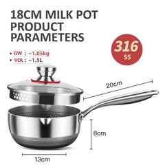 18cm 316L Stainless Steel Saucepan Compound Steel Honeycomb Nonstick Sauce Pan with Glass Lid 1.5L Pot Stay-Cool Handle Multipurpose Milk Saucepan, Induction Capable and Gas Stove
