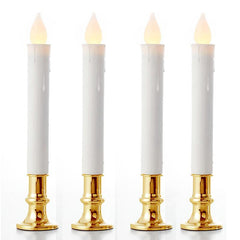 10 Pack Taper Stick White Battery Candle - Natural Flame Light Colour No Flicker - Gold Stand Base