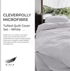100% Premium Tufted Microfibre Quilt Cover Set - Ultra-Soft, Durable Embroidery Bedding Comforter Set - Machine Washable & Zipper Closure - White - Super King