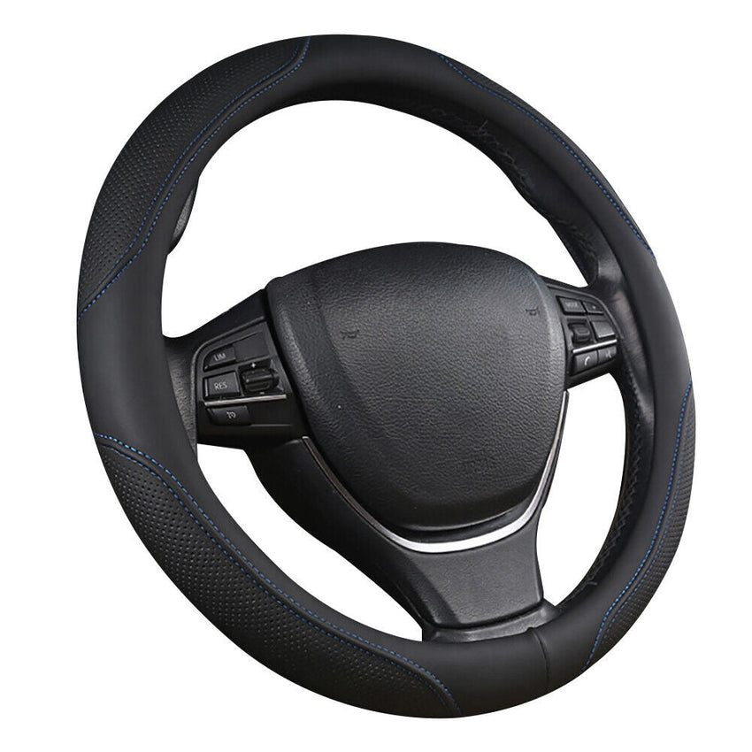 Universal Luxury Car 37-38cm Steering Wheel Cover PU Leather Non-slip Breathable (Black-blue)