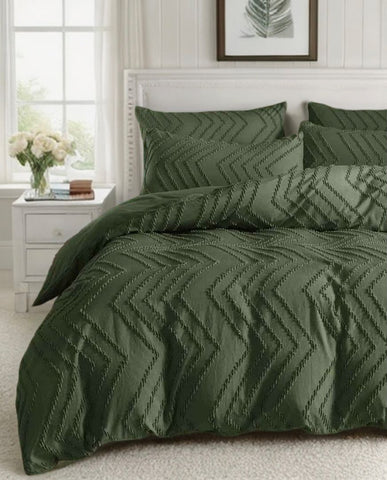 Tufted Boho Wave Jacquard Quilt Cover Set- Dark Green - Super King Size