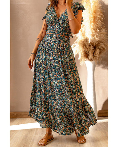 Azura Exchange Floral Ruffled Crop Top and Maxi Skirt Set - L