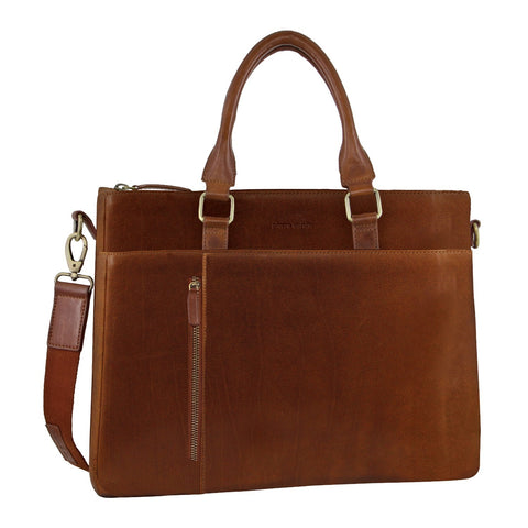 Pierre Cardin Mens Leather Briefcase Business Bag Shoulder Laptop Tote  - Tan