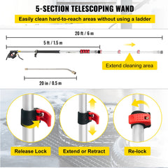 VEVOR Telescoping Pressure Washer Wand, 20 ft 5-Section Length Adjustable, Max. 4000 PSI Fit for 3/8'' Quick Connection, 5 Spray Nozzles, Belt, for Roof, Fence, Gutter, Silver