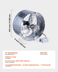 VEVOR 380 mm Gable Mount Fan 1300 CFM Attic Vent Fan with Adjustable Thermostat