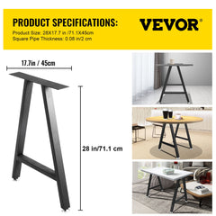 VEVOR Metal Table Legs 28 x 17.7 inch A-Shaped Desk Legs Set of 2 Heavy Duty Bench Legs with Polyurethane Coating, Furniture Legs with Floor Protectors, Wrought Iron Coffee Table Legs for Home DIY Bla