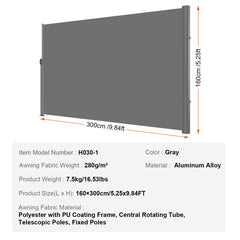 VEVOR Retractable Side Awning, 160X300m Aluminum Outdoor Privacy Screen, 280g Polyester Water-proof Retractable Patio Screen, UV 30+ Room Divider Wind Screen for Patio, Backyard, Balcony, Gray