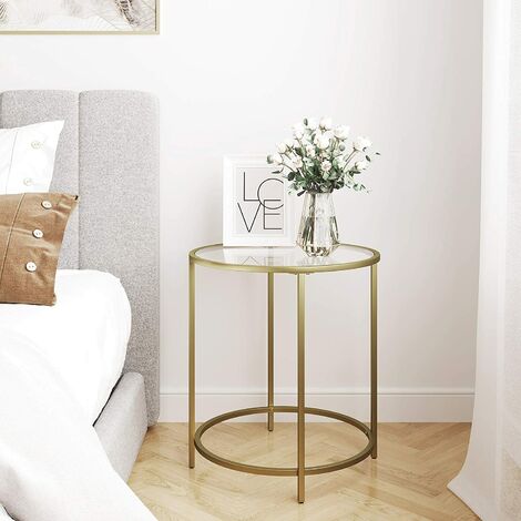 VASAGLE Round Side Table Tempered Glass End Table With Golden Metal Frame Small Coffee Table Gold LGT20G