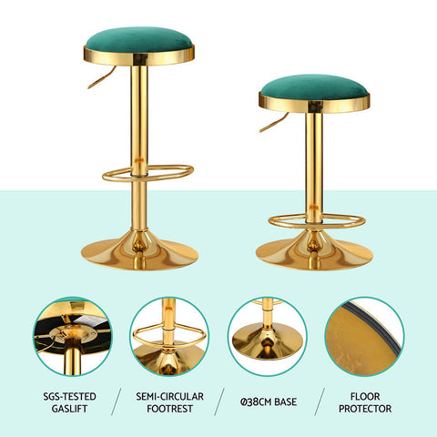 2x Artiss Bar Stools Kitchen Dining Chairs Velvet Padded Stool Green
