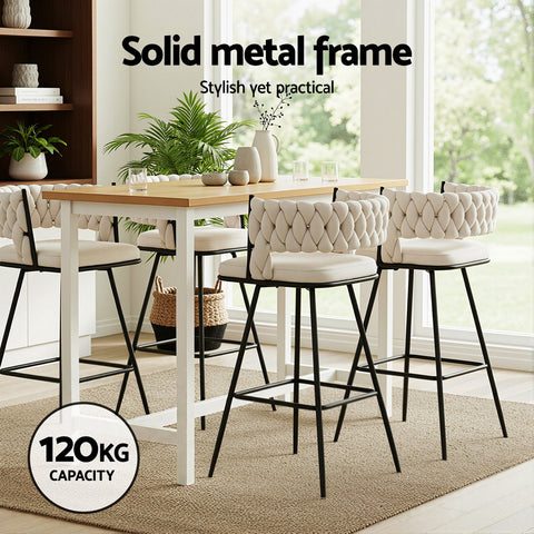 Artiss 4x Bar Stools Kitchen Dining Chair Counter Stool Woven Velvet Metal Ivory