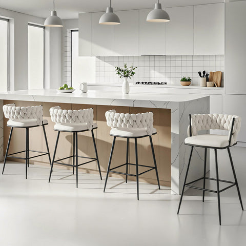 Artiss 4x Bar Stools Kitchen Dining Chair Counter Stool Woven Velvet Metal Ivory