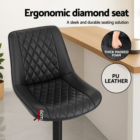 Artiss 2x Bar Stools Kitchen Swivel Gas Lift Counter Chair Diamond Leather Black