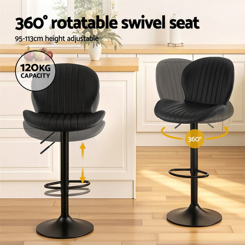 Artiss 2x Bar Stools Kitchen Swivel Gas Lift Counter Chair Shell Leather Black