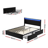 Artiss Bed Frame Queen Size LED with 4 Drawers Black DUNN