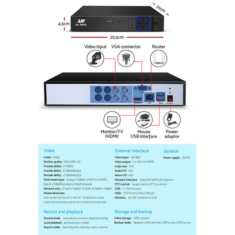 UL-TECH 1080P Security Camera System 4CH DVR with 4 CCTV Square Cameras