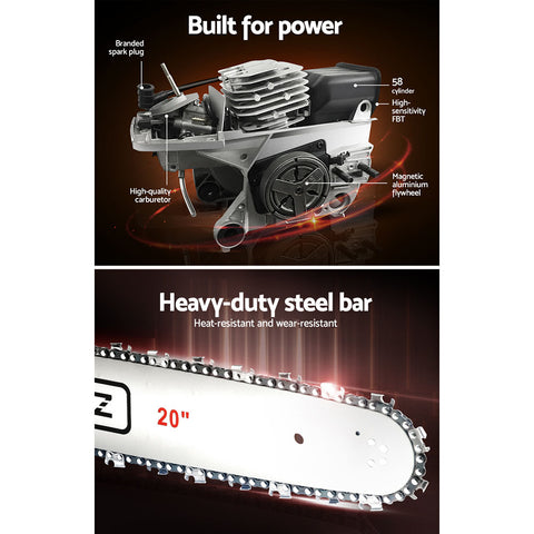 Giantz 58cc Petrol Chainsaw 20 Inch Bar Chain Saw Tree Pruner 2 Stroke E-Start