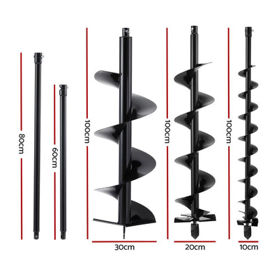 Giantz Post Hole Digger Auger Drill Bit Set 100mm 200mm 300mm Carbon Steel Black