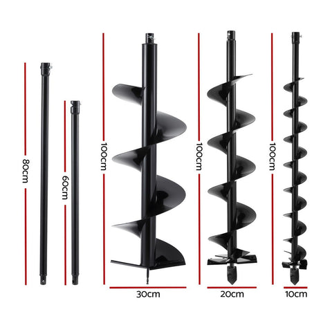 Giantz Post Hole Digger Auger Drill Bit Set 100mm 200mm 300mm Carbon Steel Black