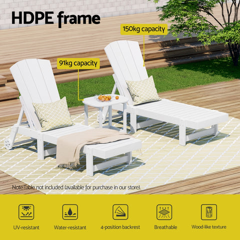 Gardeon Sun Lounge Lounger Table and Chairs Beach Chair Adirondack HDPE Patio Outdoor Furniture Wheels White