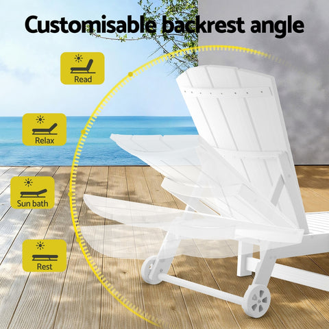 Gardeon Sun Lounge Lounger Table and Chairs Beach Chair Adirondack HDPE Patio Outdoor Furniture Wheels White