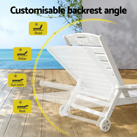 Gardeon Sun Lounge Lounger Beach Chair HDPE Patio Outdoor Furniture with Wheels White