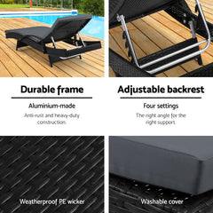 Gardeon 2PC Sun Lounge Wicker Lounger Outdoor Furniture Beach Chair Patio Adjustable Cushion Black