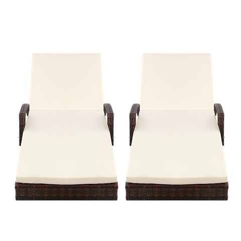 Gardeon 2PC Sun Lounge Wicker Lounger Outdoor Furniture Beach Chair Patio Adjustable Cushion Brown