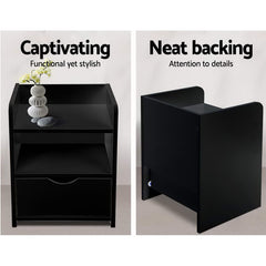 Artiss 2X Bedside Table 1 Drawer with Shelf - FARA Black