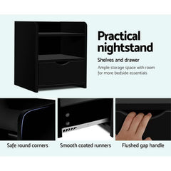 Artiss 2X Bedside Table 1 Drawer with Shelf - FARA Black