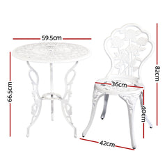 Gardeon 3PC Outdoor Setting Bistro Set Chairs Table Cast Aluminum Patio Furniture Rose White