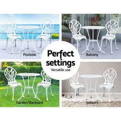 Gardeon 3PC Outdoor Setting Bistro Set Chairs Table Cast Aluminum Patio Furniture Tulip White
