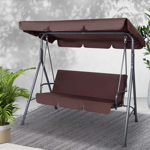 Gardeon Outdoor Swing Chair Garden Chair Bench Furniture Canopy 3 Seater Brown
