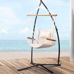 Gardeon Hammock Chair with Steel Stand Armrest Outdoor Hanging Cream