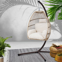 Gardeon Outdoor Egg Swing Chair Hanging Chair Wicker Rope Pod Stand Cushion Latte