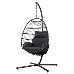 Gardeon Outdoor Egg Swing Chair Hanging Chair Wicker Rope Pod Stand Foldable Grey