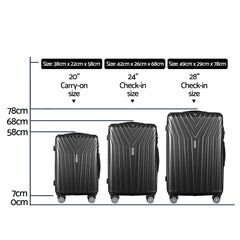 Wanderlite 3 Set Luggage 20-24-28 Inch Suitcase with TSA Lock Carry On Hard Shell Travel Luggage Organiser Case Black