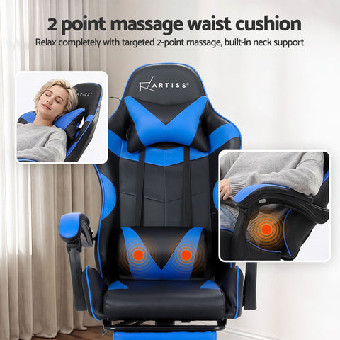 Artiss 2 Point Massage Gaming Office Chair Footrest Blue