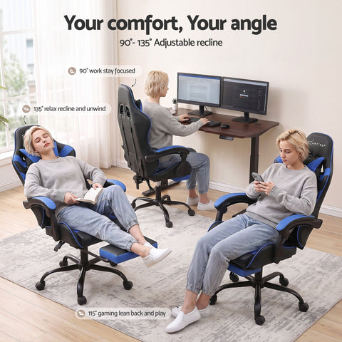 Artiss 2 Point Massage Gaming Office Chair Footrest Blue