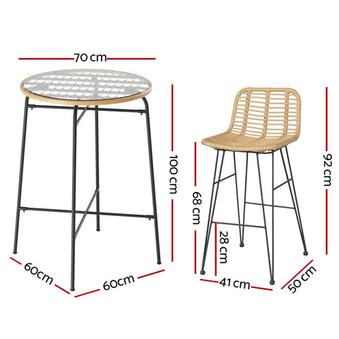 Gardeon 3-Piece Outdoor Bar Set Wicker Table Chairs Patio Bistro