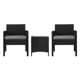 Gardeon 3PC Outdoor Bistro Set Patio Furniture Wicker Dining Chairs Table Cushion Black
