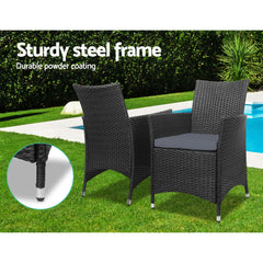 Gardeon 3PC Outdoor Bistro Set Patio Furniture Wicker Setting Chairs Table Cushion Black
