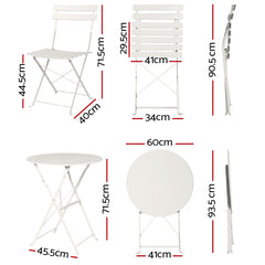 Gardeon 3PC Outdoor Bistro Set Steel Table and Chairs Patio Furniture White