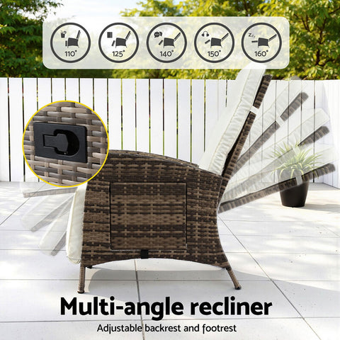 Gardeon Outdoor Recliner Chairs Sun lounge Wicker Lounger Patio Furniture Adjustable Brown