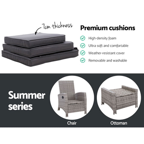 Gardeon 2PC Recliner Chairs Sun lounge Wicker Lounger Outdoor Furniture Adjustable Grey