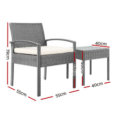 Gardeon 3PC Patio Furniture Bistro Set Wicker Outdoor Lounge Setting Grey