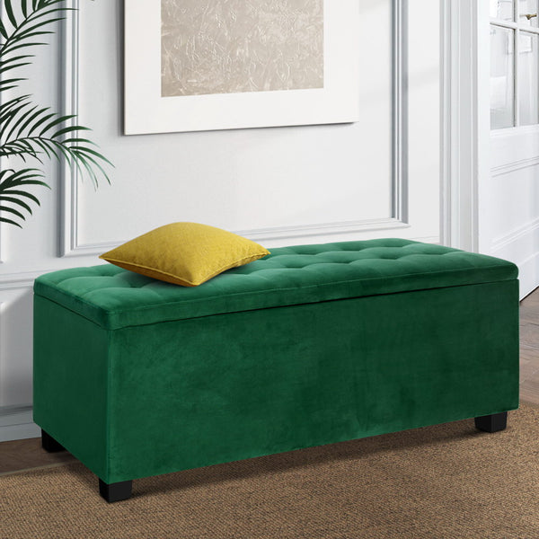 Artiss Storage Ottoman Blanket Box 97cm Velvet Green